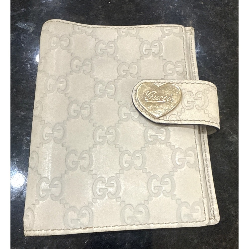 Gucci Cream Monogram Heart Snap Passport Wallet